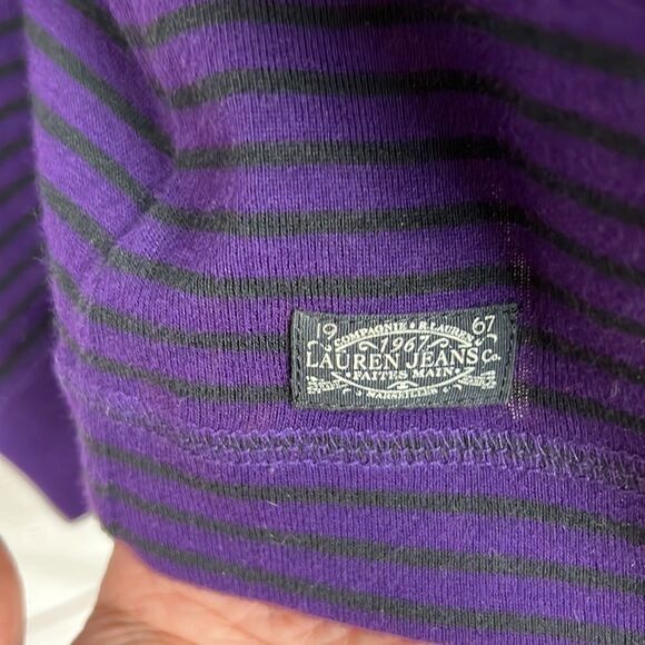 Lauren Ralph Lauren Jeans Co Striped Purple Top Tee Long Sleeves Zip shoulder - Picture 7 of 8